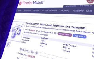 Picture of a 593 million email addresses for sale for $9.99 on Empire Market (Dark Web) site