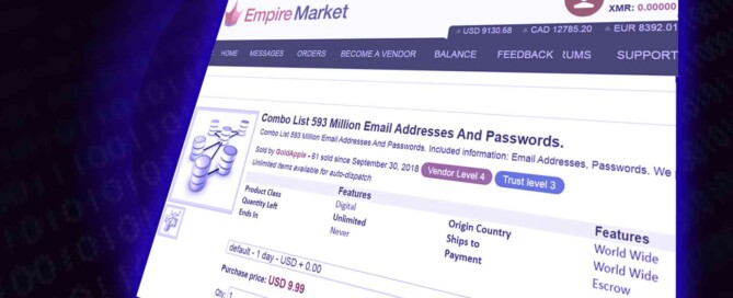 Picture of a 593 million email addresses for sale for $9.99 on Empire Market (Dark Web) site