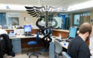 An image showing a medical reception area with the symbol of Caduceus overlay