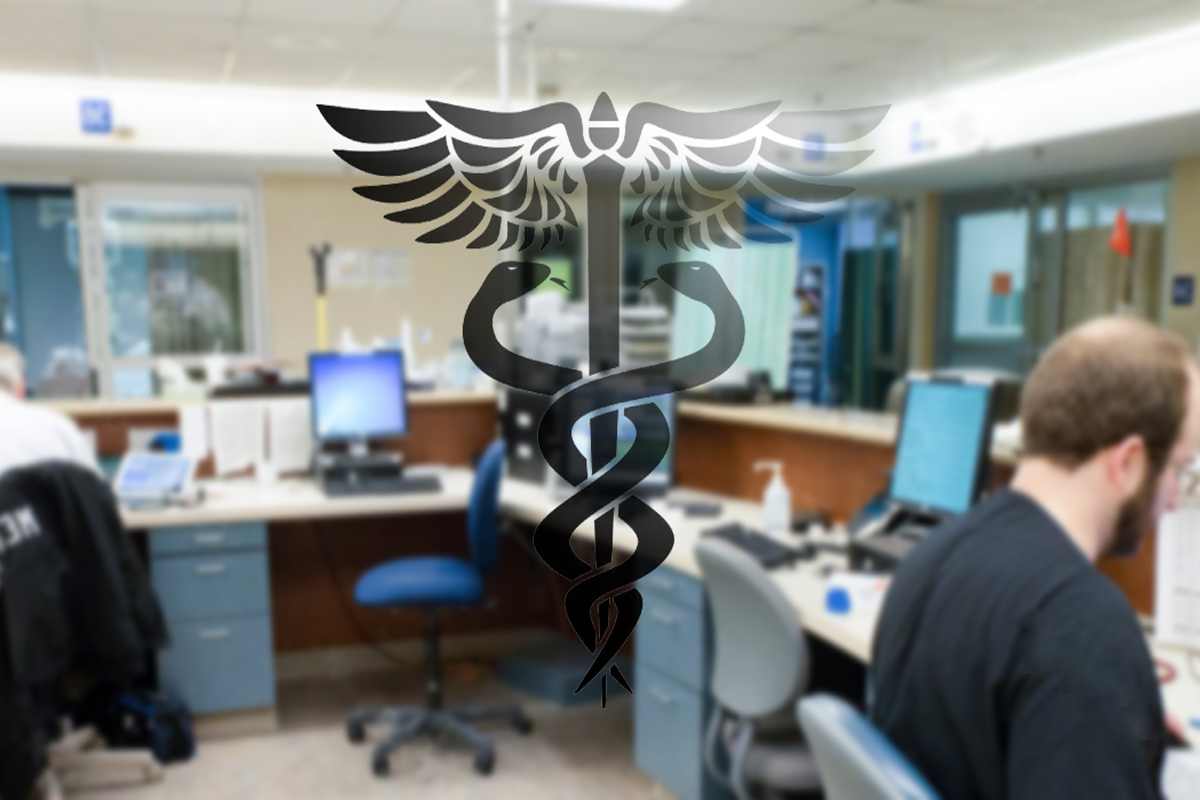 An image showing a medical reception area with the symbol of Caduceus overlay