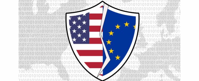 Image of a broken shield with images of the US and EU flags on a binary geographical backdrop depicting the broken privacy shield agreement