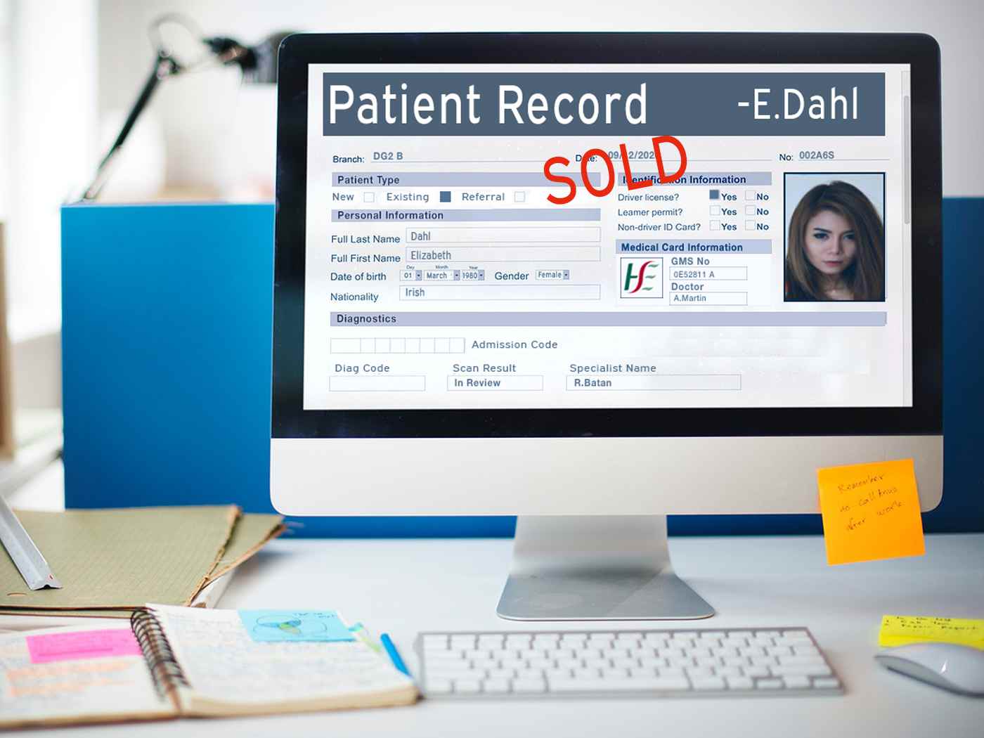 An image depicting a patient record with personal data which is being sold by data brokers to the highest bidder