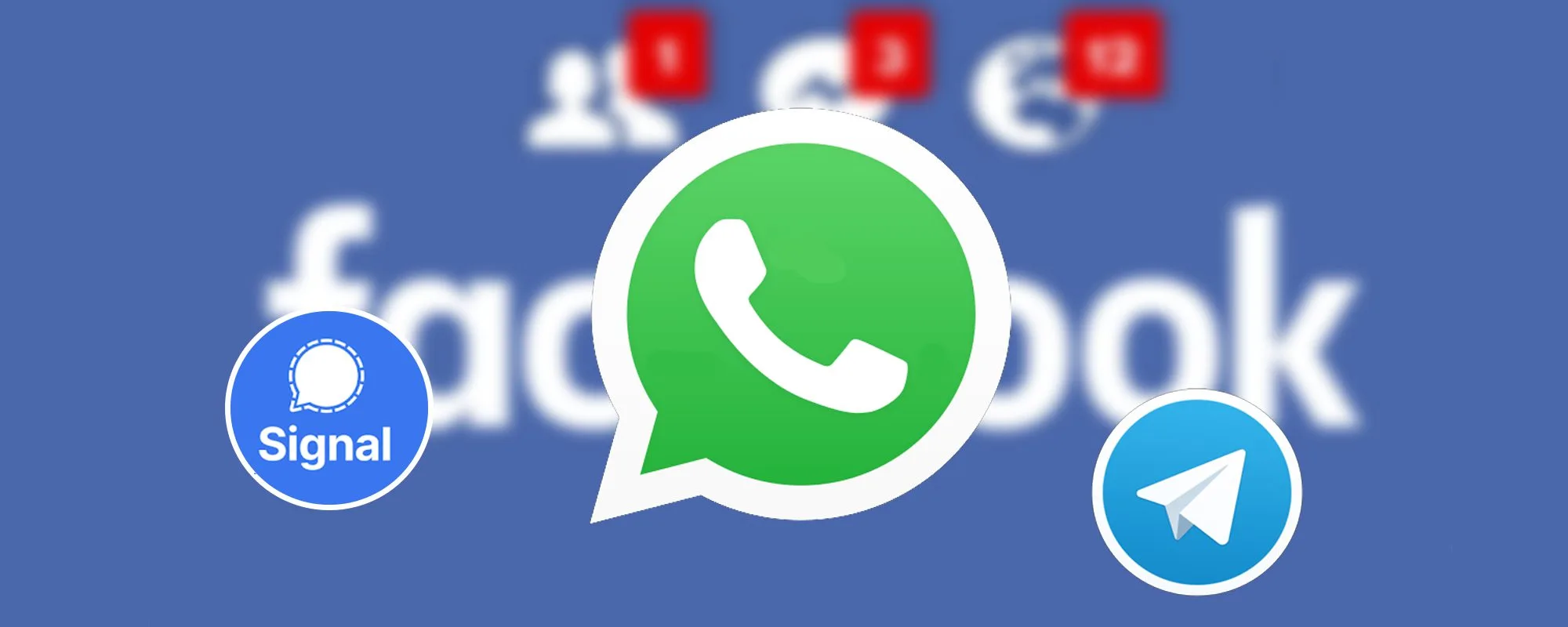 An image showing WhatsApp Facebook Telegram and Signal Messenger Icons used for an article on data-privacy.io by Paul Rogers about the upcoming Whatsapp data privacy policy changes 