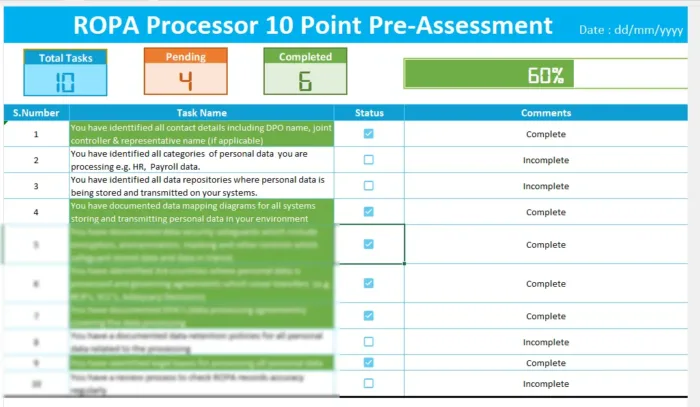 ROPA Processor Kit Pre-Assessment Section, GDPR RoPA data processor edition