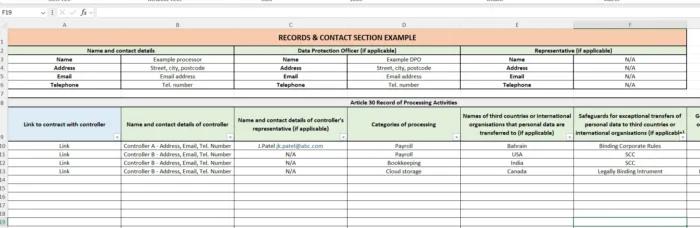 ROPA Processor Kit Records Example Section, data processor record of processing activties for processors, GDPR data processor template