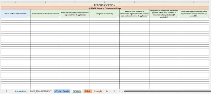 ROPA Processor Kit Records Section, record of processng actitivities for data processors