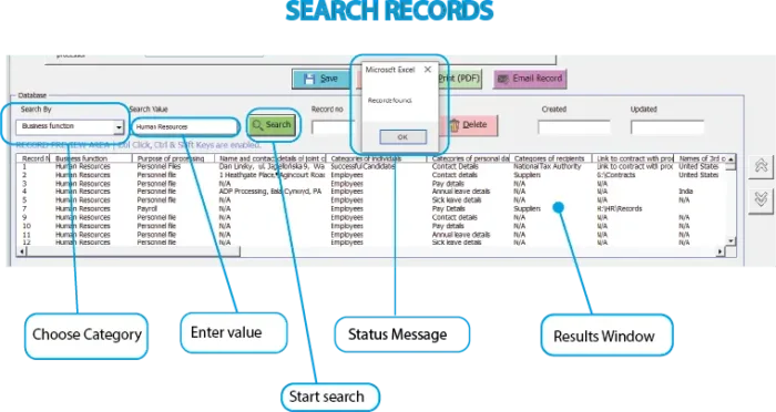 Search Records Function - ROPA Express GDPR Management System, ROPA data, ROPA privacy, GDPR art 30 ROPA, what is a ROPA