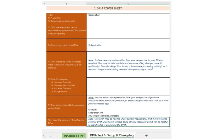 DPIA template cover sheet, data privacy impact assessment spreadsheet