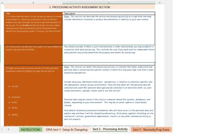 DPIA Page_2 Processing Activities section, data privacy impact assessment xls template