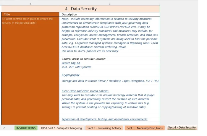 DPIA Page 4 Data Security Section, data privacy impact assessment xls template