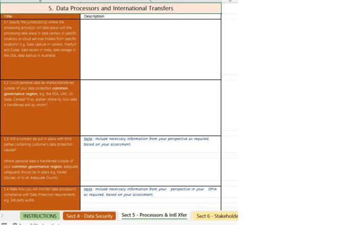 DPIA Page 5 Data Processors & International Transfers, data privacy impact assessment xls template