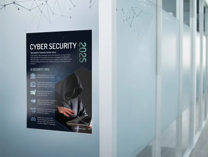 Cybersecurity awareness poster mockup glass wall