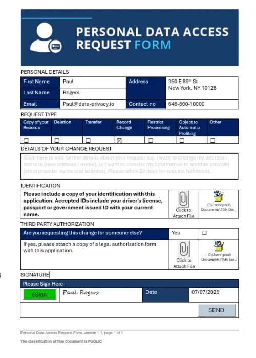 personal data subject access request form, GDPR SAR, DSAR Form